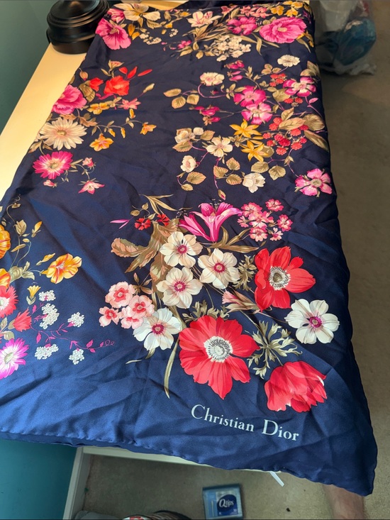 Dior Accessories - Dior Floral Navy Scarf with Multi-Colored Blooms by with COA
